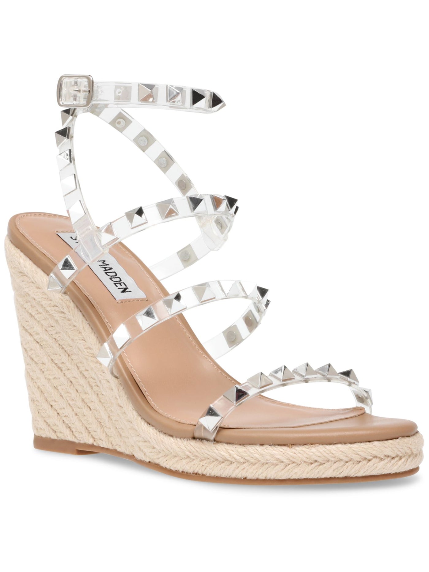 STEVE MADDEN Womens Tan Clear Studded Strappy Maici Round Toe Wedge Buckle Espadrille Shoes 6 M