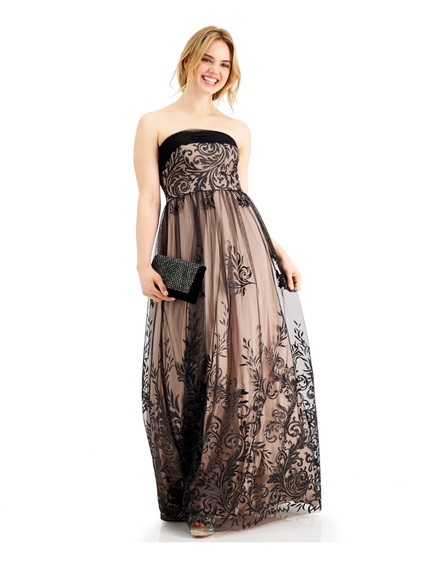 TEEZE ME Womens Lace Glitter Strapless Full-Length Prom Fit + Flare Dress