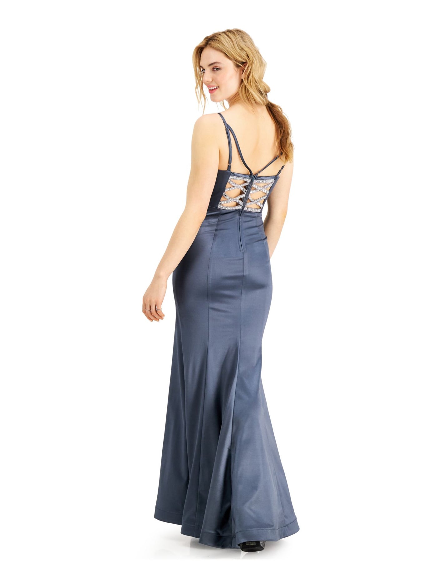 TEEZE ME Womens Blue Rhinestone Embellished Back Spaghetti Strap Sweetheart Neckline Full-Length  Mermaid Prom Dress Juniors 11\12