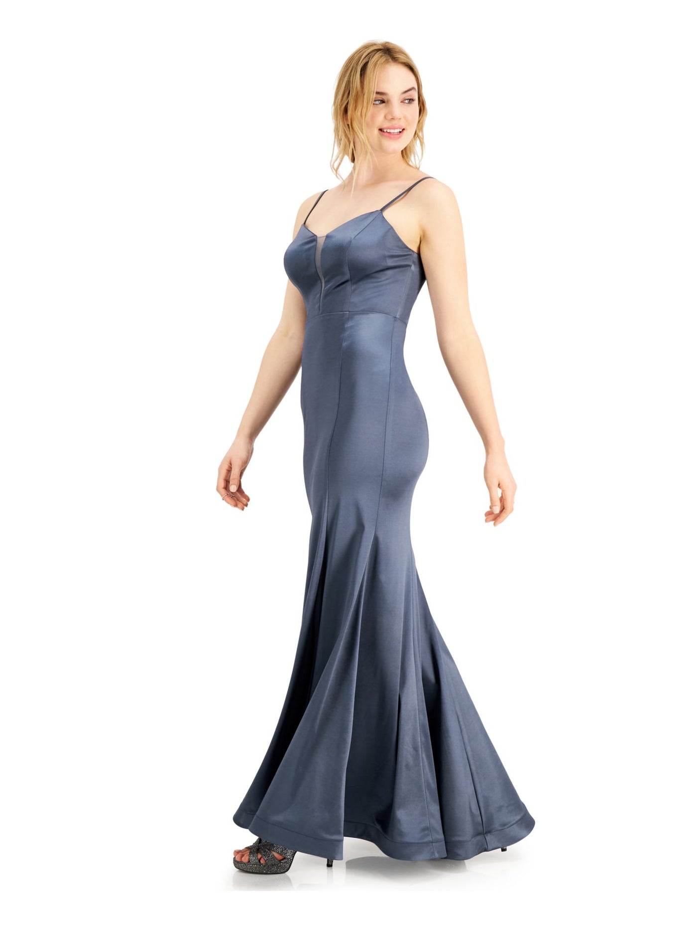 TEEZE ME Womens Gray Rhinestone Embellished Back Spaghetti Strap Sweetheart Neckline Full-Length Mermaid Prom Dress 3\4