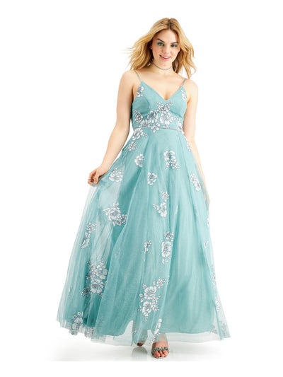 TEEZE ME Womens Glitter Zippered Mesh Gown Spaghetti Strap V Neck Maxi Prom Dress