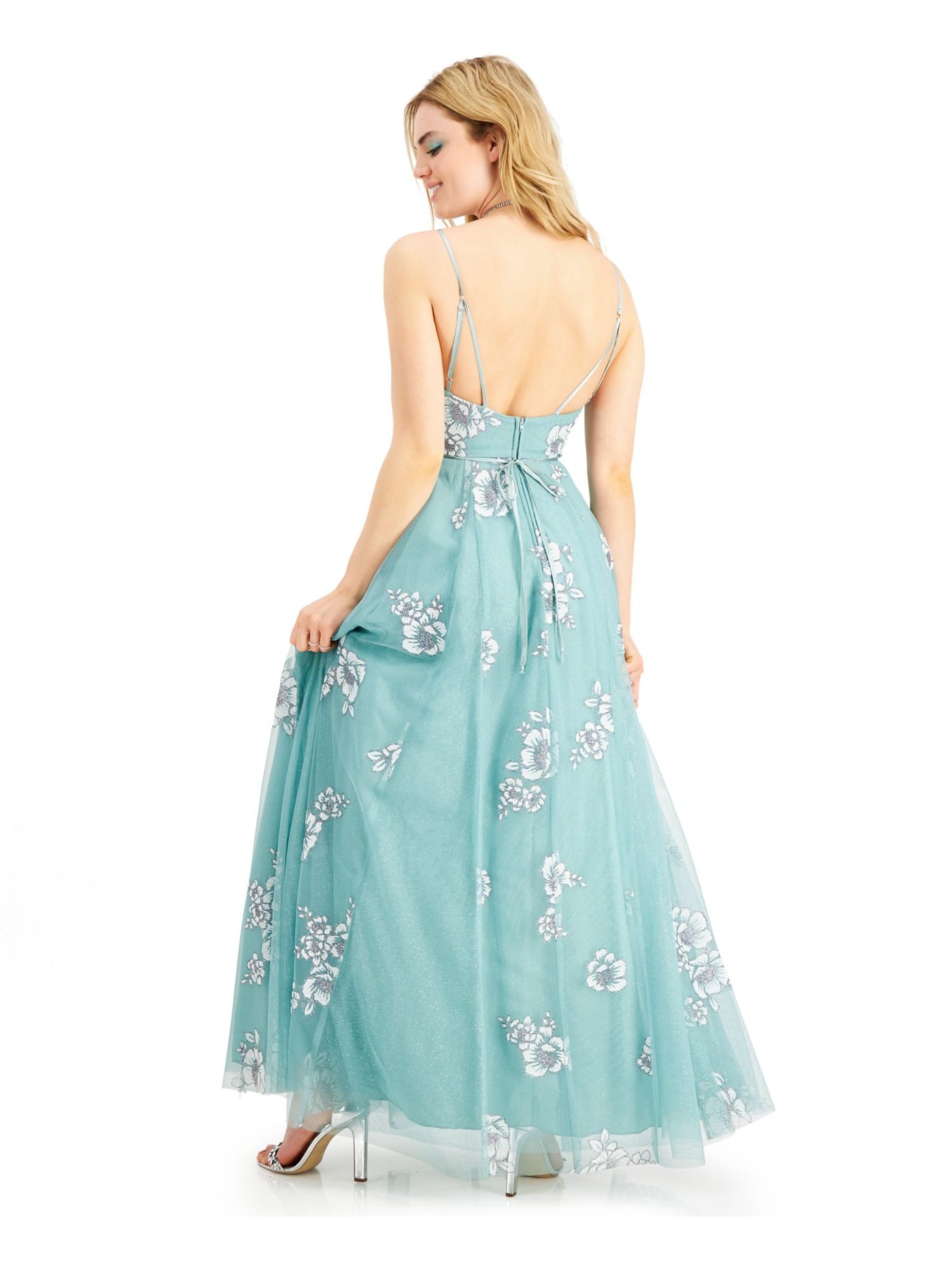 TEEZE ME Womens Aqua Zippered Floral V Neck Full-Length Prom Gown Dress Juniors 7\8