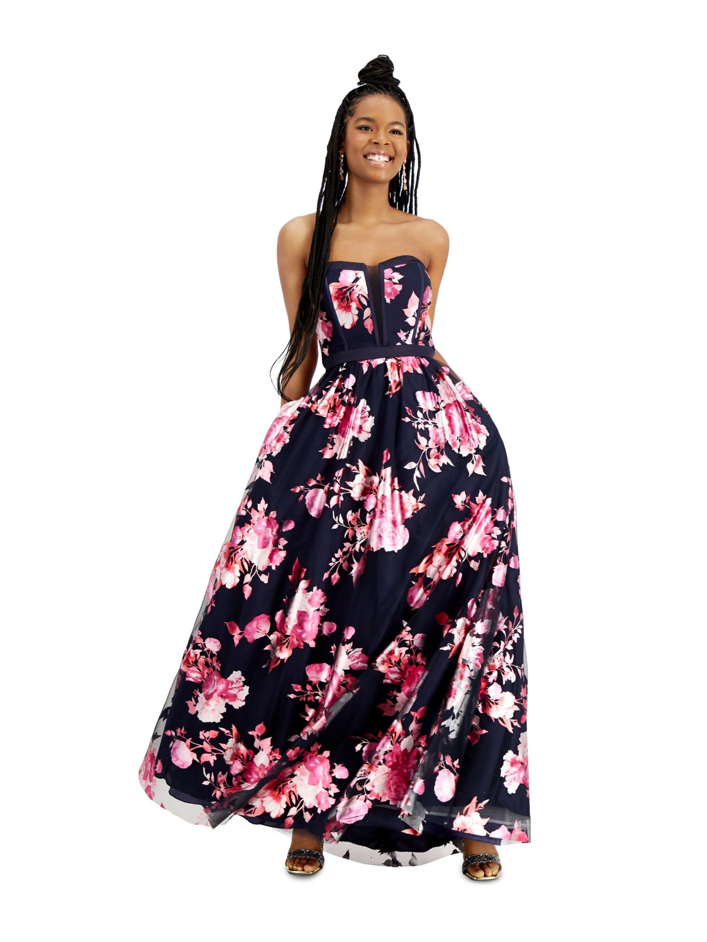 TEEZE ME Womens Navy Floral Sleeveless Strapless Full-Length Fit + Flare Prom Dress 5\6