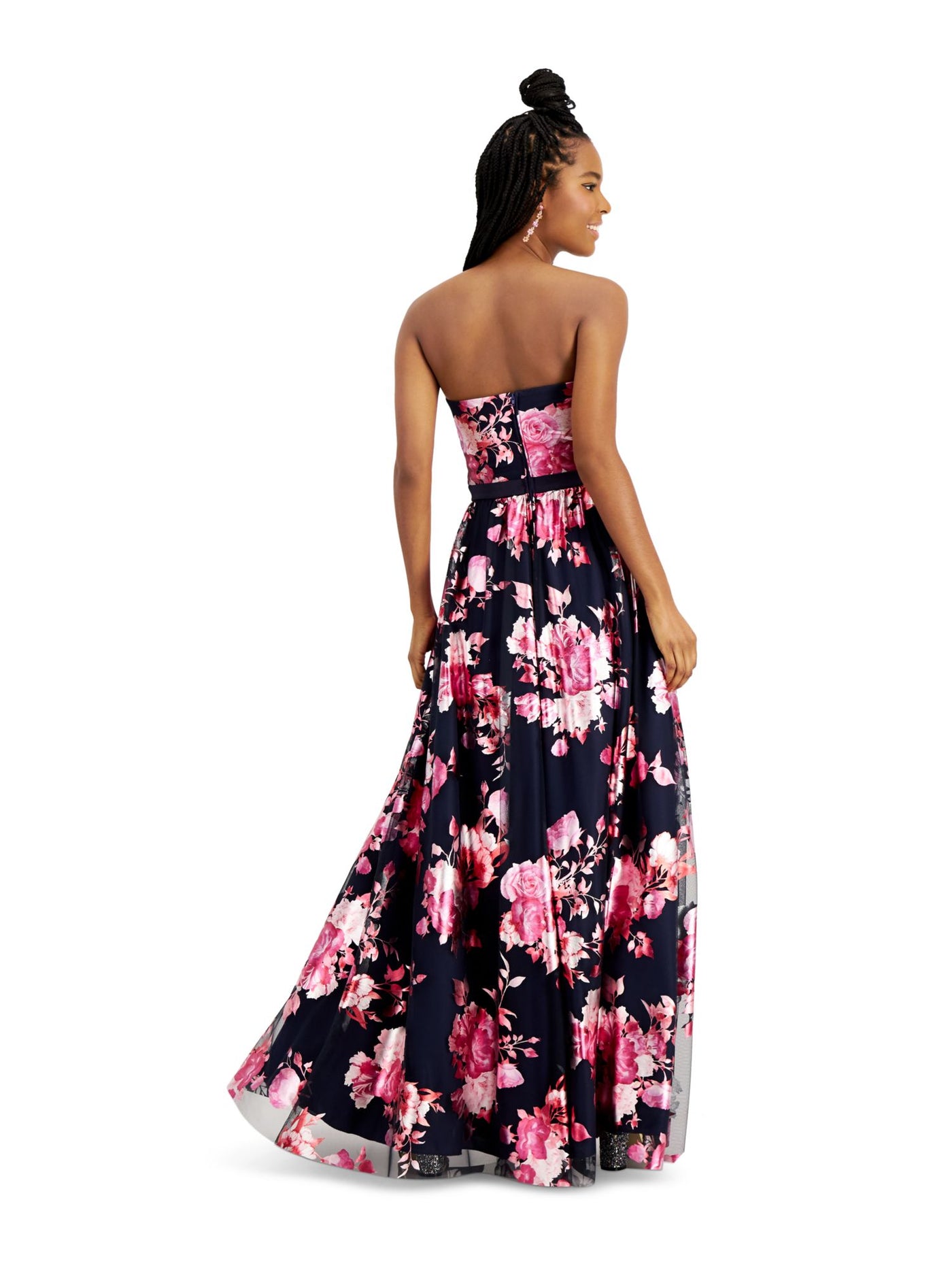 TEEZE ME Womens Navy Floral Sleeveless Strapless Full-Length Fit + Flare Prom Dress 5\6