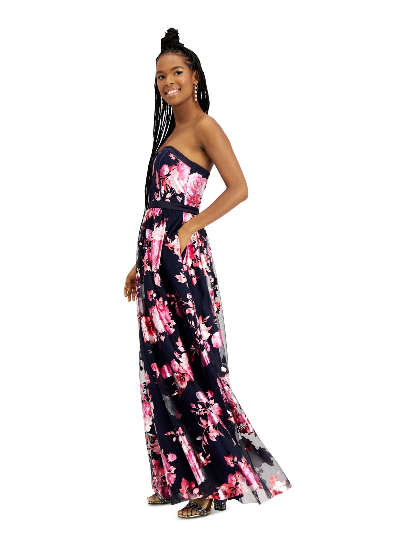 TEEZE ME Womens Navy Floral Sleeveless Strapless Full-Length  Fit + Flare Prom Dress Juniors 7\8