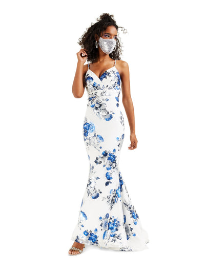 TEEZE ME Womens White Pleated Floral Spaghetti Strap Surplice Neckline Full-Length  Mermaid Prom Dress Juniors 5\6