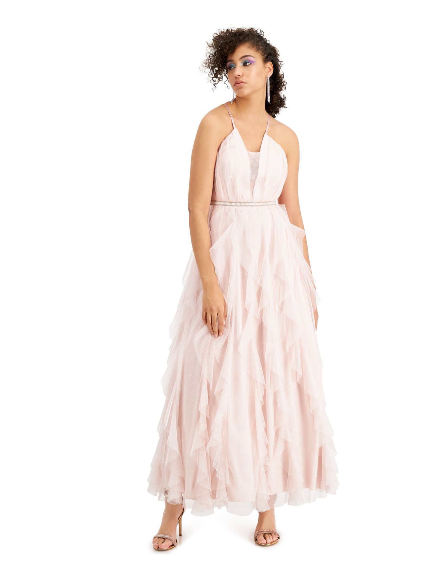 TEEZE ME Womens Pink Glitter Petal Spaghetti Strap V Neck Full-Length Prom Fit + Flare Dress Juniors 9\10