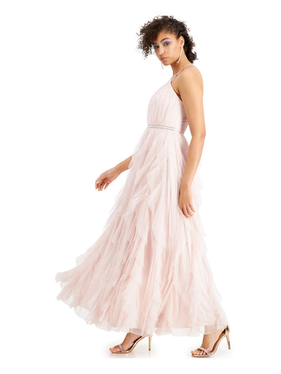 TEEZE ME Womens Glitter Zippered Spaghetti Strap V Neck Full-Length Prom Fit + Flare Dress