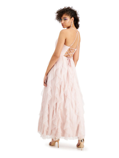 TEEZE ME Womens Pink Glitter Zippered Spaghetti Strap V Neck Full-Length Prom Fit + Flare Dress Juniors 7\8