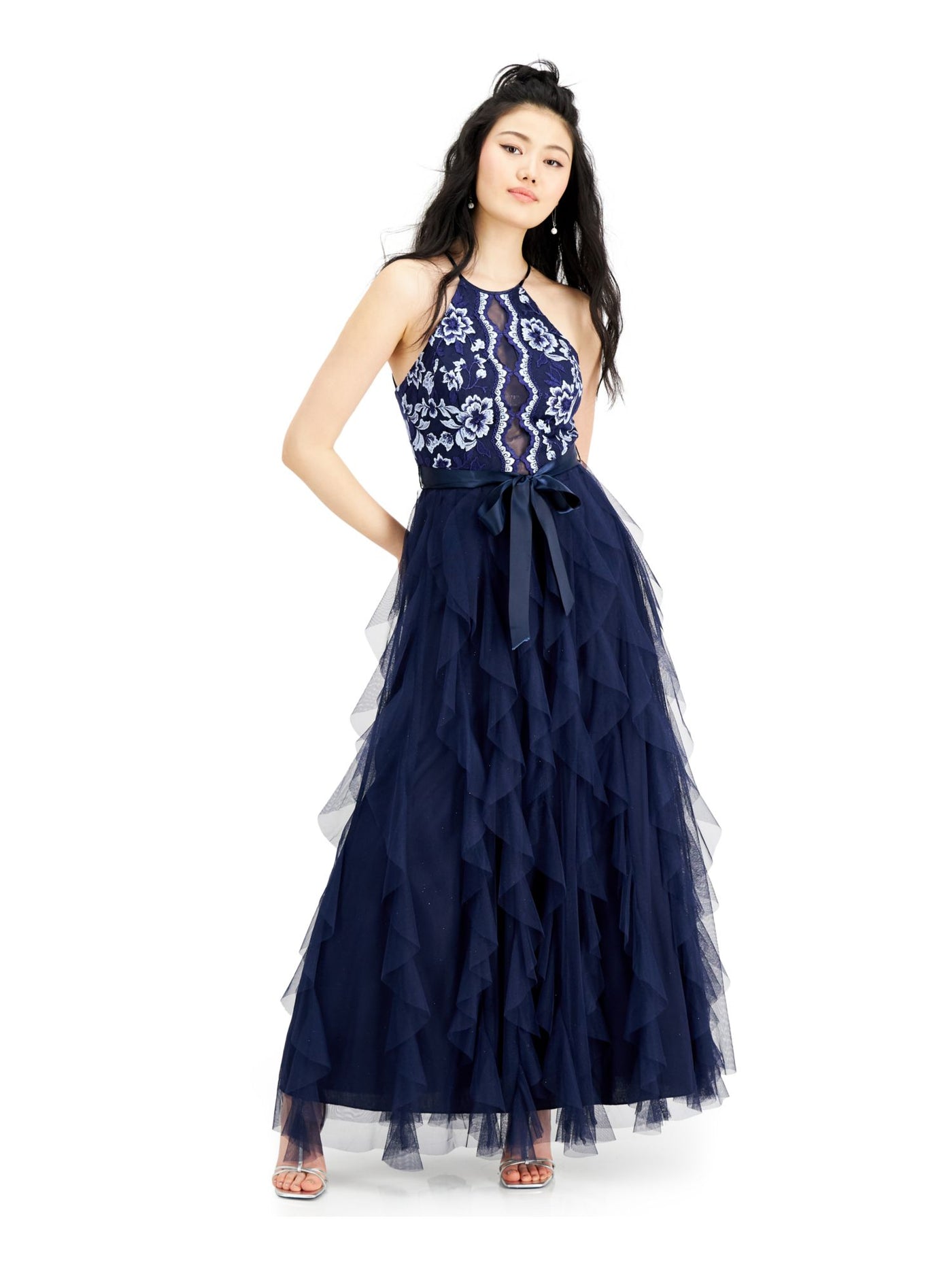 TEEZE ME Womens Navy Ruffled Textured Floral Sleeveless Halter Full-Length  Layered Prom Dress Juniors 9\10