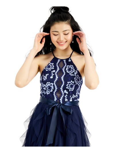 TEEZE ME Womens Navy Ruffled Textured Floral Sleeveless Halter Full-Length  Layered Prom Dress Juniors 11\12