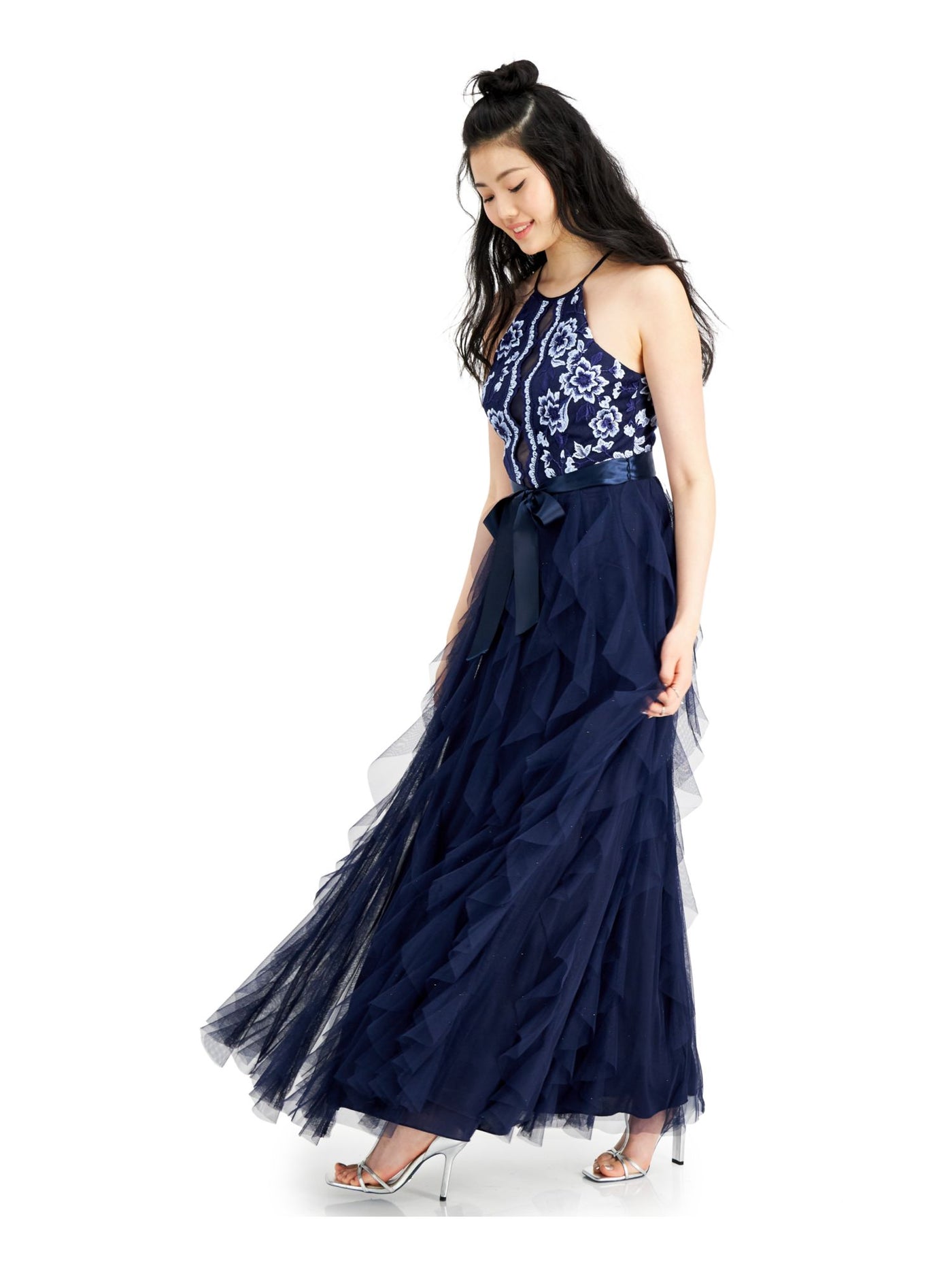 TEEZE ME Womens Navy Ruffled Textured Floral Sleeveless Halter Full-Length  Layered Prom Dress Juniors 1\2