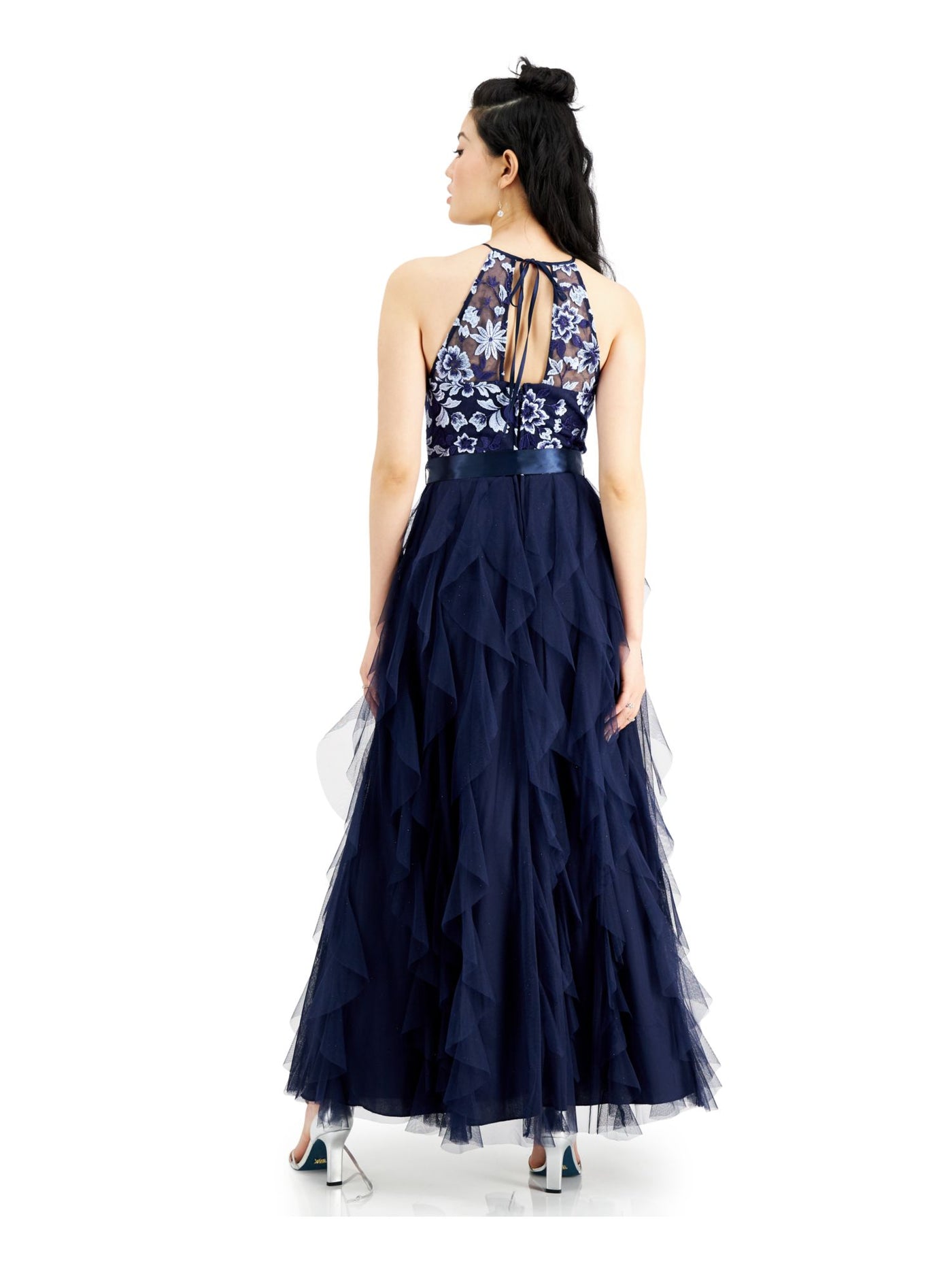 TEEZE ME Womens Navy Ruffled Textured Floral Sleeveless Halter Full-Length  Layered Prom Dress Juniors 11\12