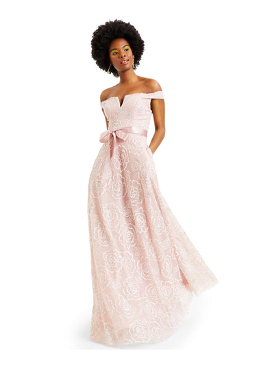 TEEZE ME Womens Glitter Crinoline Lining Sleeveless Off Shoulder Full-Length Formal Fit + Flare Dress