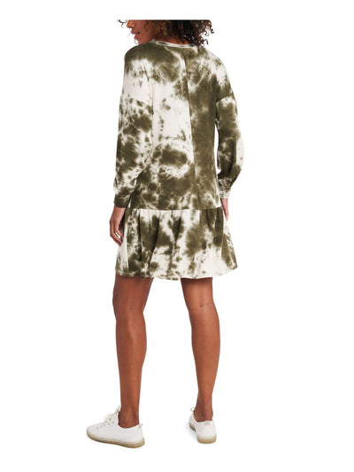 1. STATE Womens Green Tie Dye Long Sleeve Crew Neck Above The Knee Shift Dress L