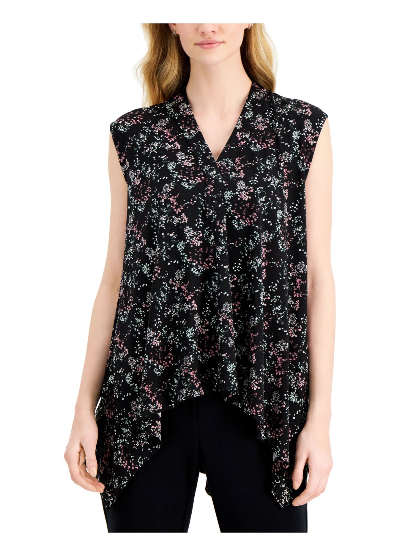 ALFANI Womens Black Sleeveless V Neck Handkerchief Top M