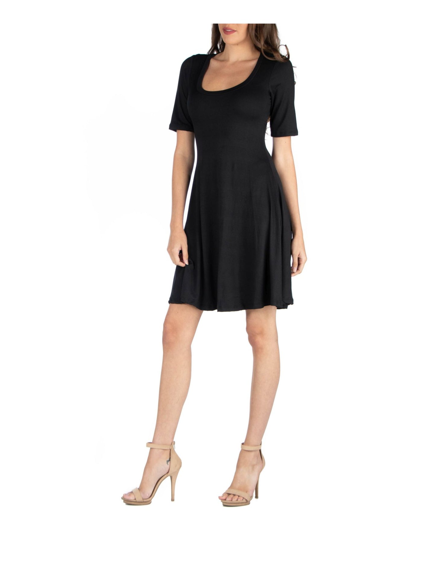24 SEVEN COMFORT Womens Black Stretch Elbow Sleeve Scoop Neck Above The Knee Fit + Flare Dress S