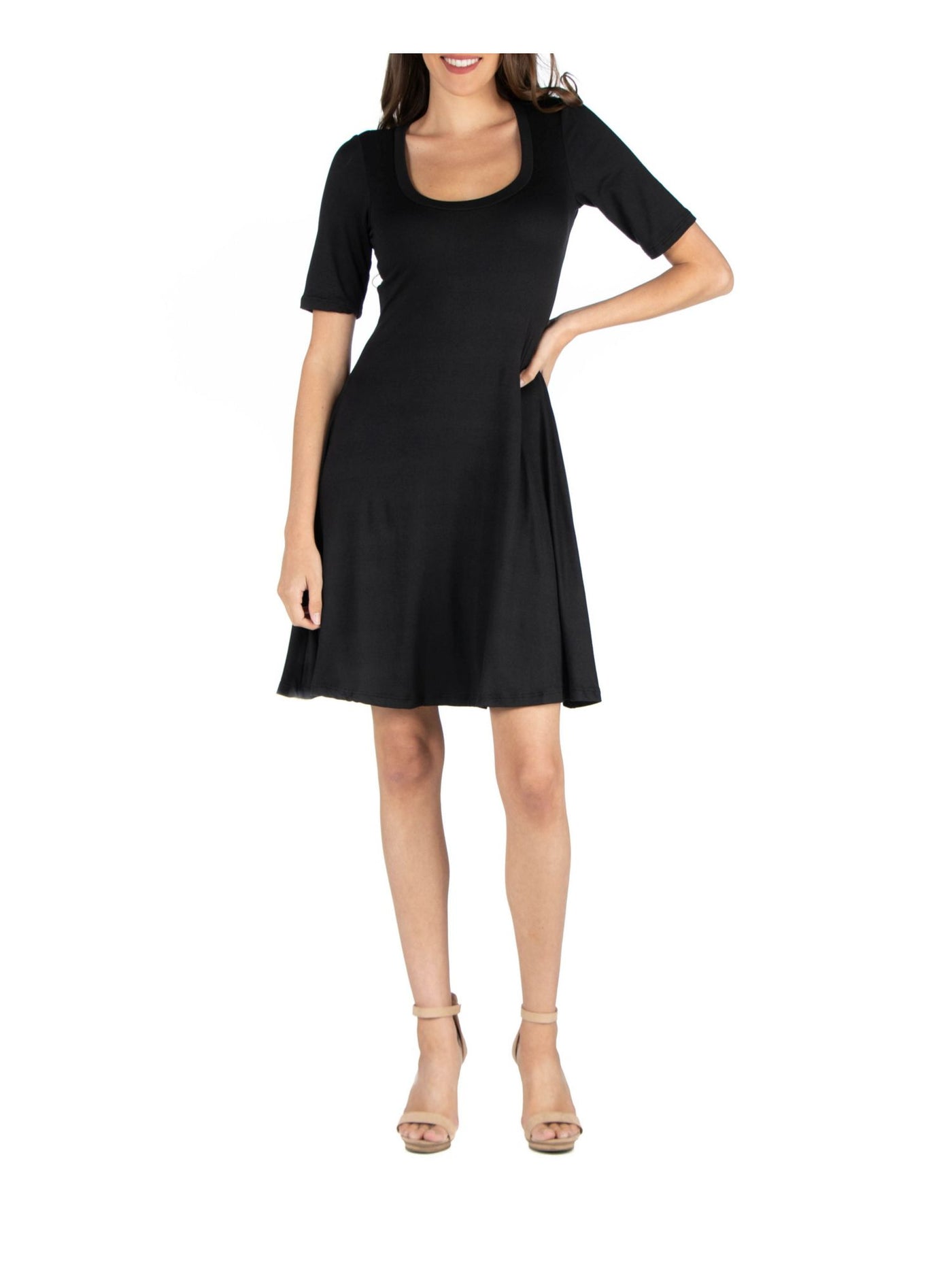 24 SEVEN COMFORT Womens Black Stretch Elbow Sleeve Scoop Neck Above The Knee Fit + Flare Dress S