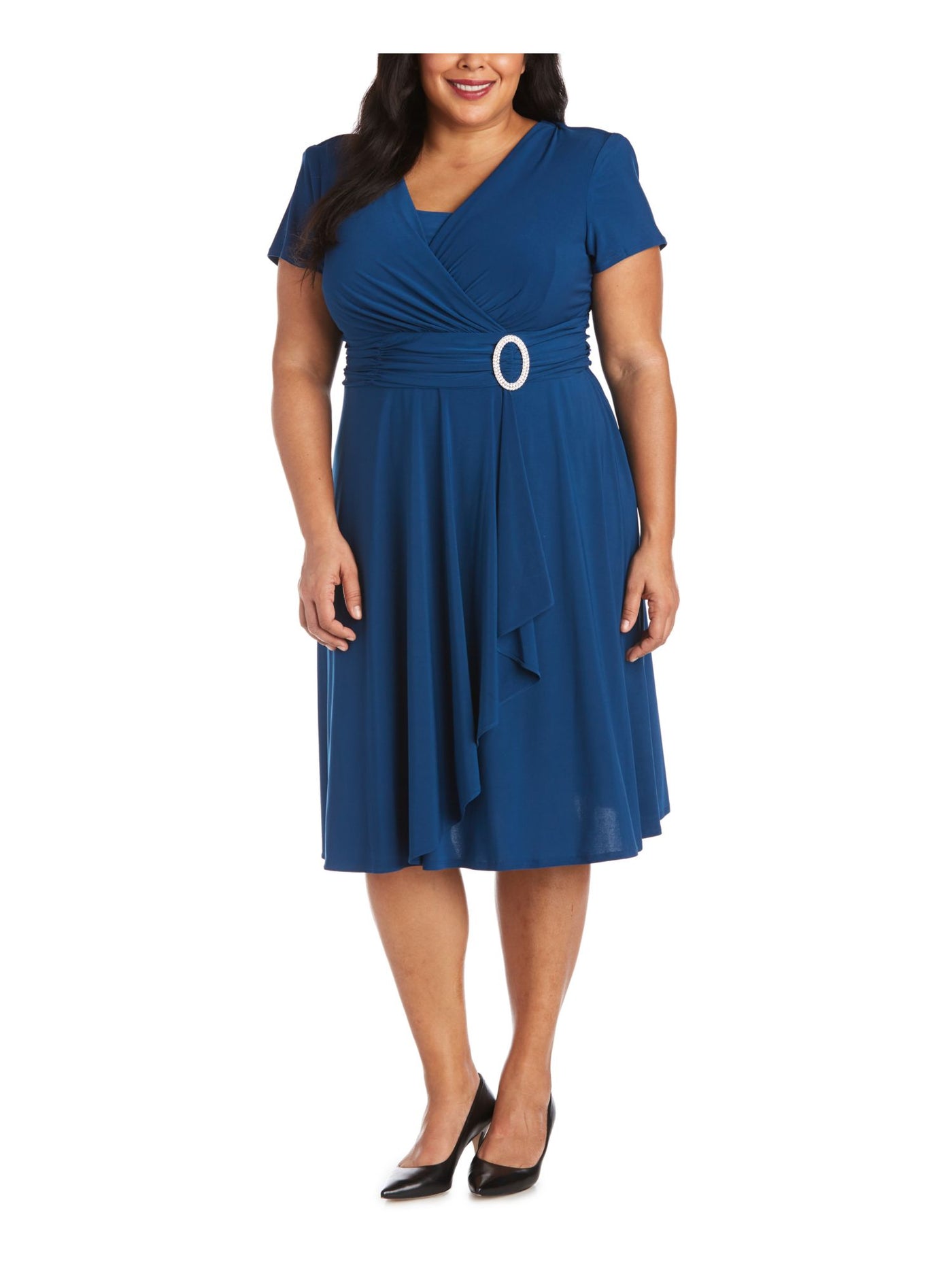 R&M RICHARDS Womens Blue Jersey Embellished Ruffled Rouched Stretch Short Sleeve Surplice Neckline Knee Length Cocktail Empire Waist Dress Plus 14W