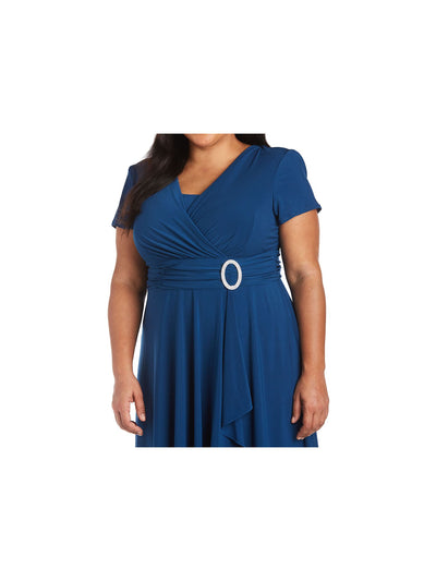 R&M RICHARDS Womens Blue Jersey Embellished Ruffled Rouched Stretch Short Sleeve Surplice Neckline Knee Length Cocktail Empire Waist Dress Plus 14W