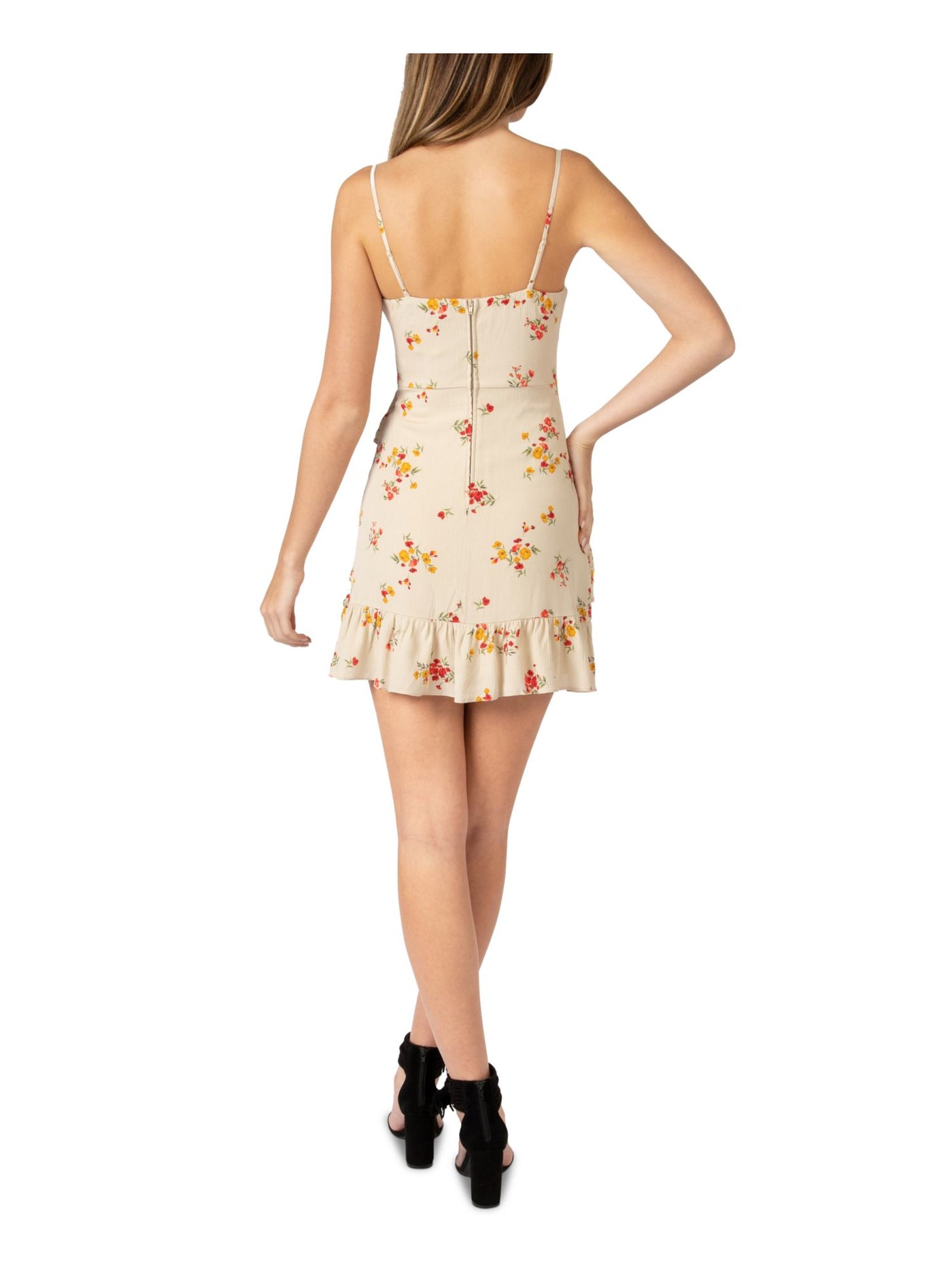 B DARLIN Womens Beige Ruffled Low Cut Floral Sleeveless Sweetheart Neckline Mini Body Con Dress 13\14