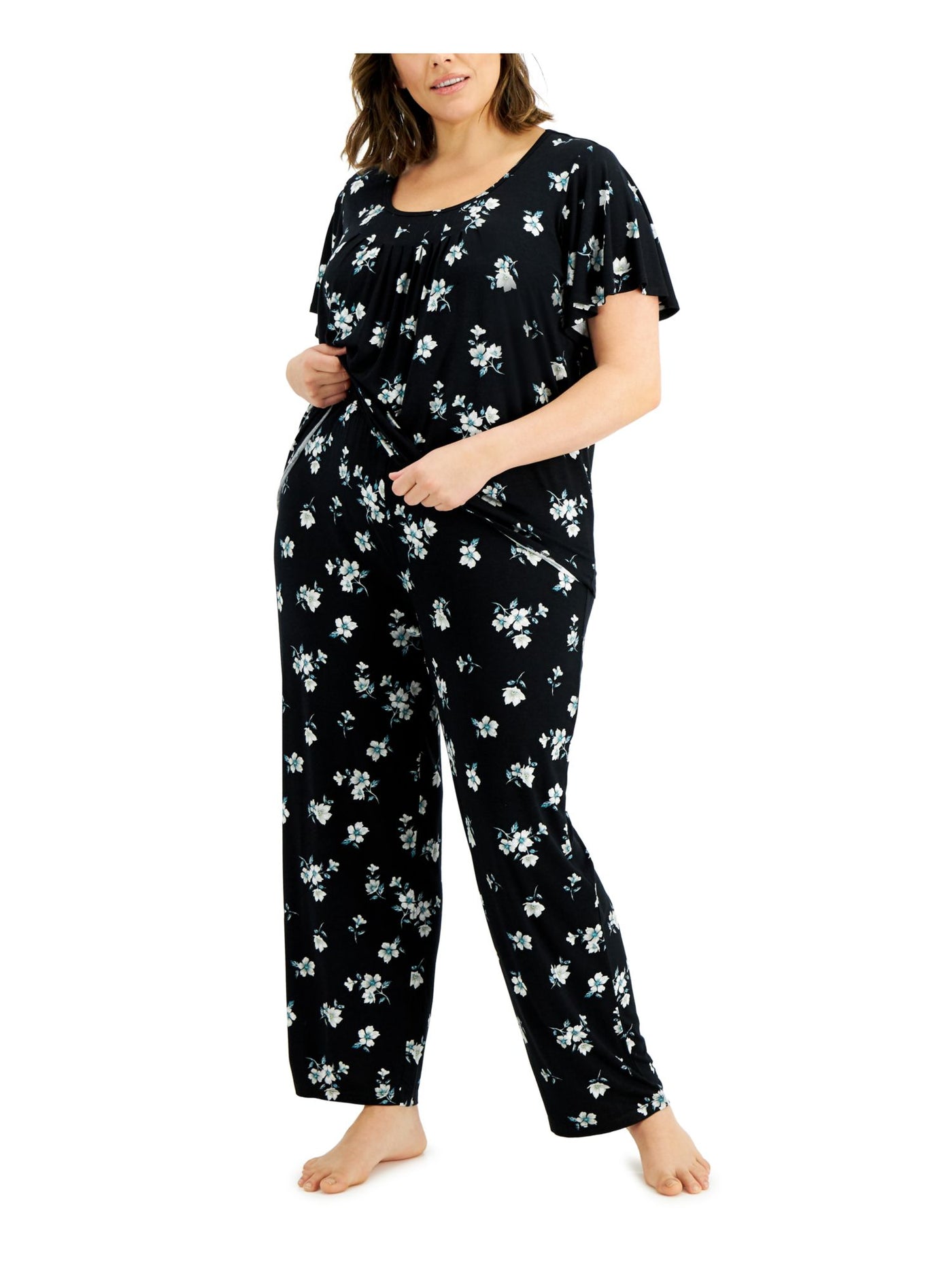 CHARTER CLUB Womens Black Floral T-Shirt Top Straight leg Pants Pajamas Plus 1X