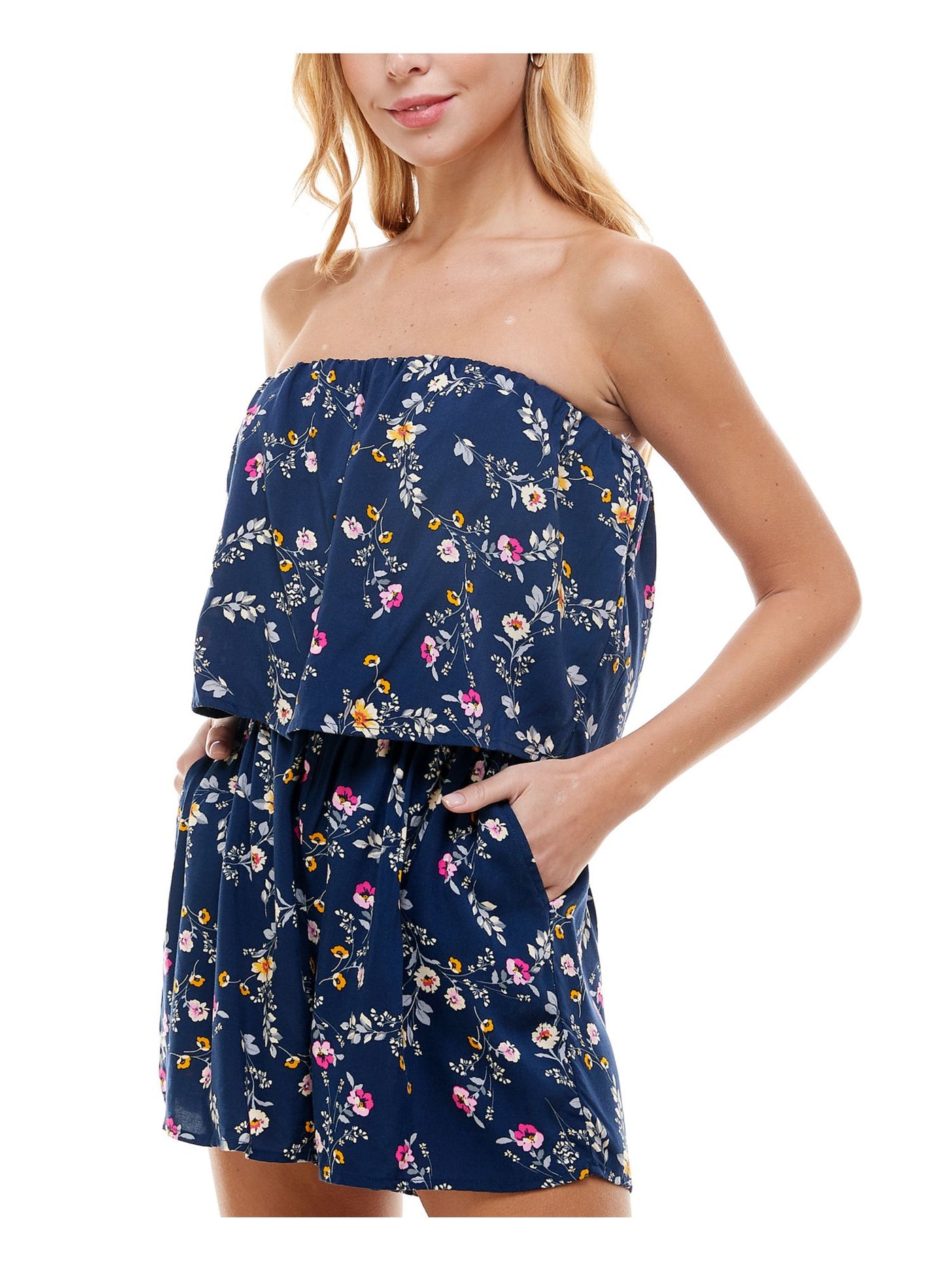 BEBOP Womens Navy Pocketed Floral Strapless Romper S