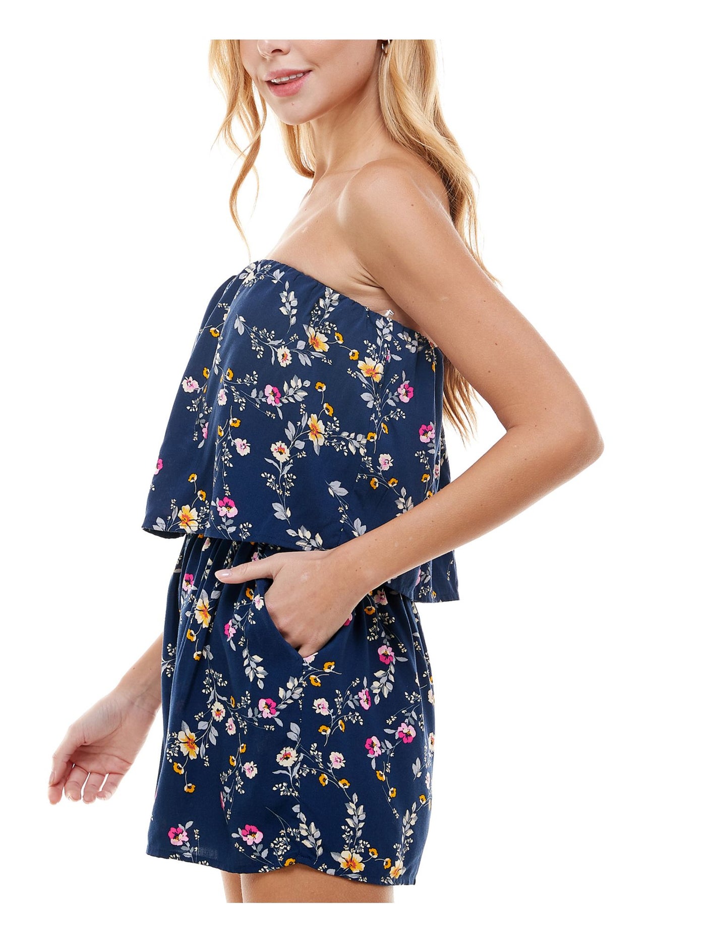 BEBOP Womens Navy Pocketed Floral Strapless Romper XXS