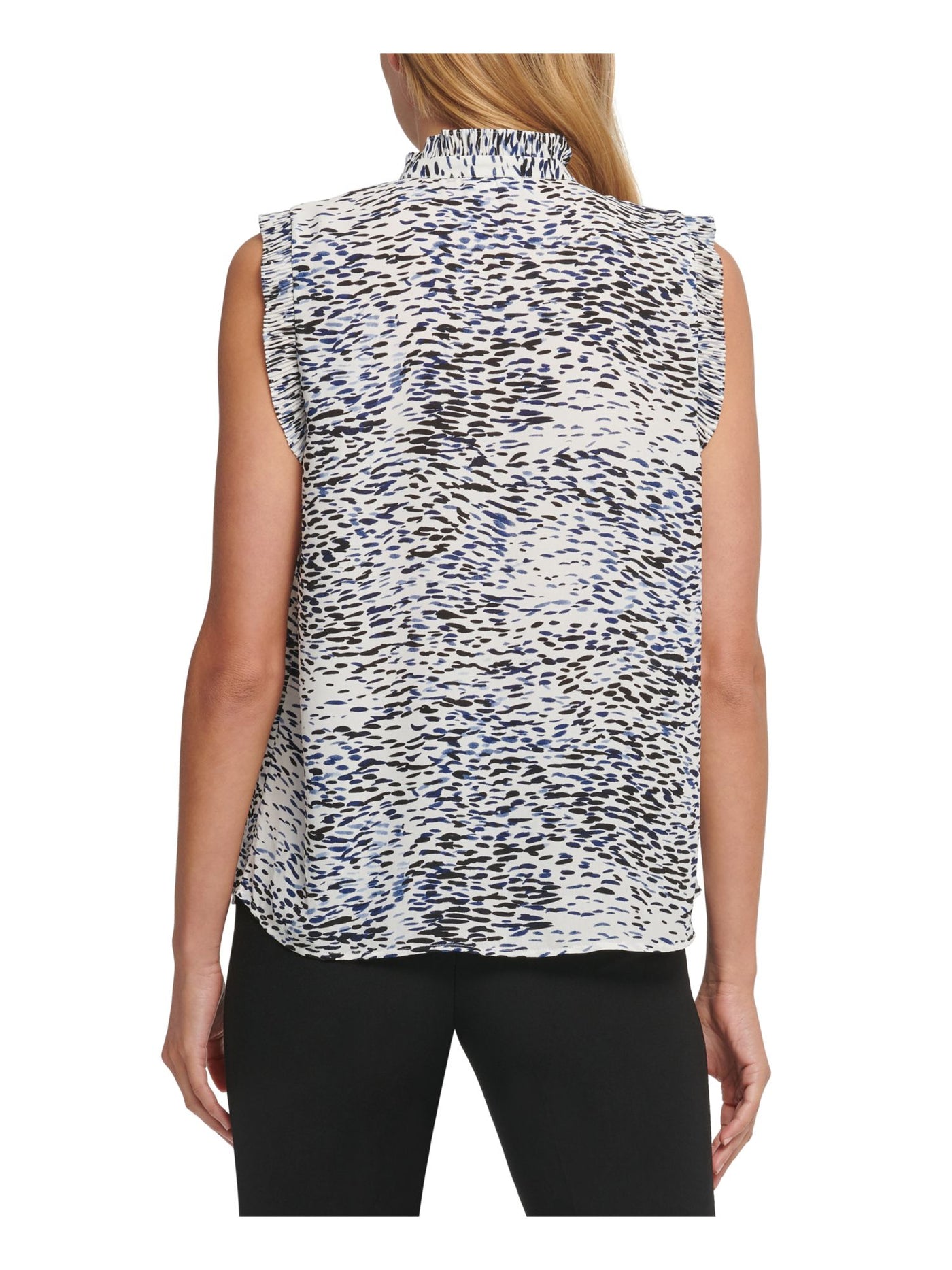 DKNY Womens Blue Tie Pleated At Neckline And Armholes Printed Sleeveless Split Blouse S