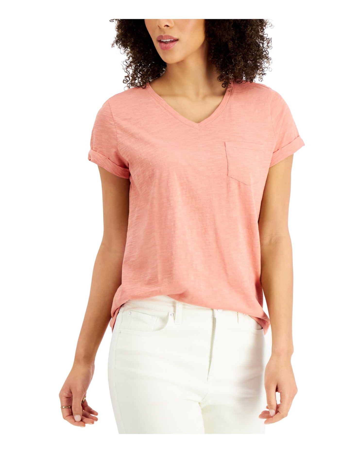 STYLE & COMPANY Womens Pink Pocketed Cuffed Sleeves V Neck T-Shirt PM