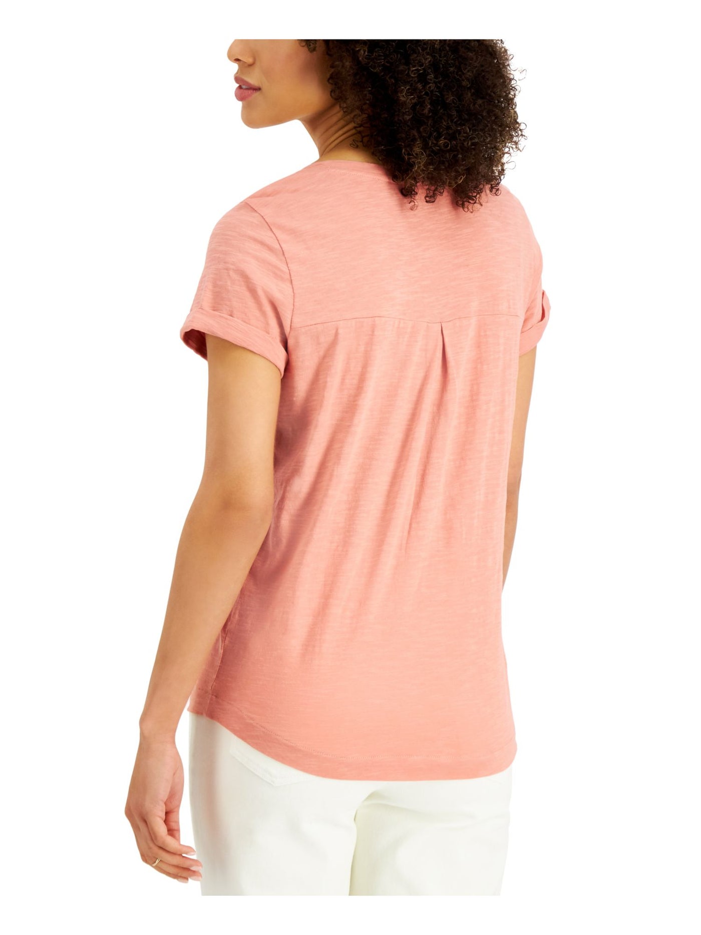 STYLE & COMPANY Womens Pink Pocketed Cuffed Sleeves V Neck T-Shirt PM