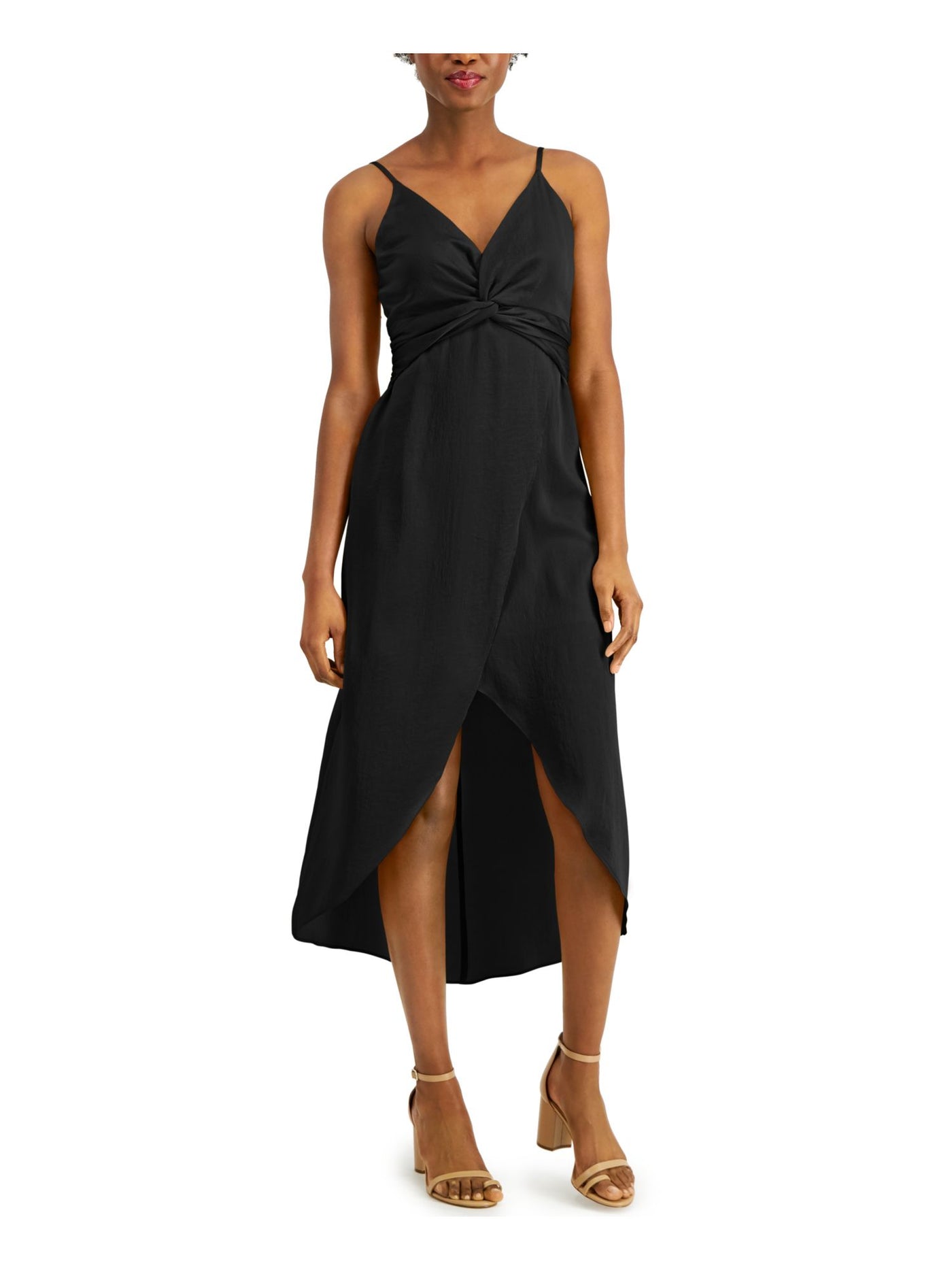 BAR III Womens Black Twist-front Spaghetti Strap V Neck Midi Hi-Lo Dress S