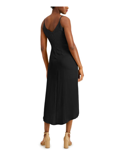 BAR III Womens Black Twist-front Spaghetti Strap V Neck Midi Hi-Lo Dress S