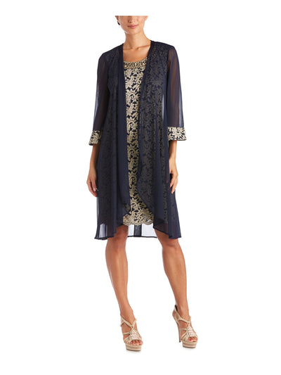 R&M RICHARDS Womens Navy Metallic Sheer Lace Sleeves 3/4 Sleeve Open Front Cardigan 10