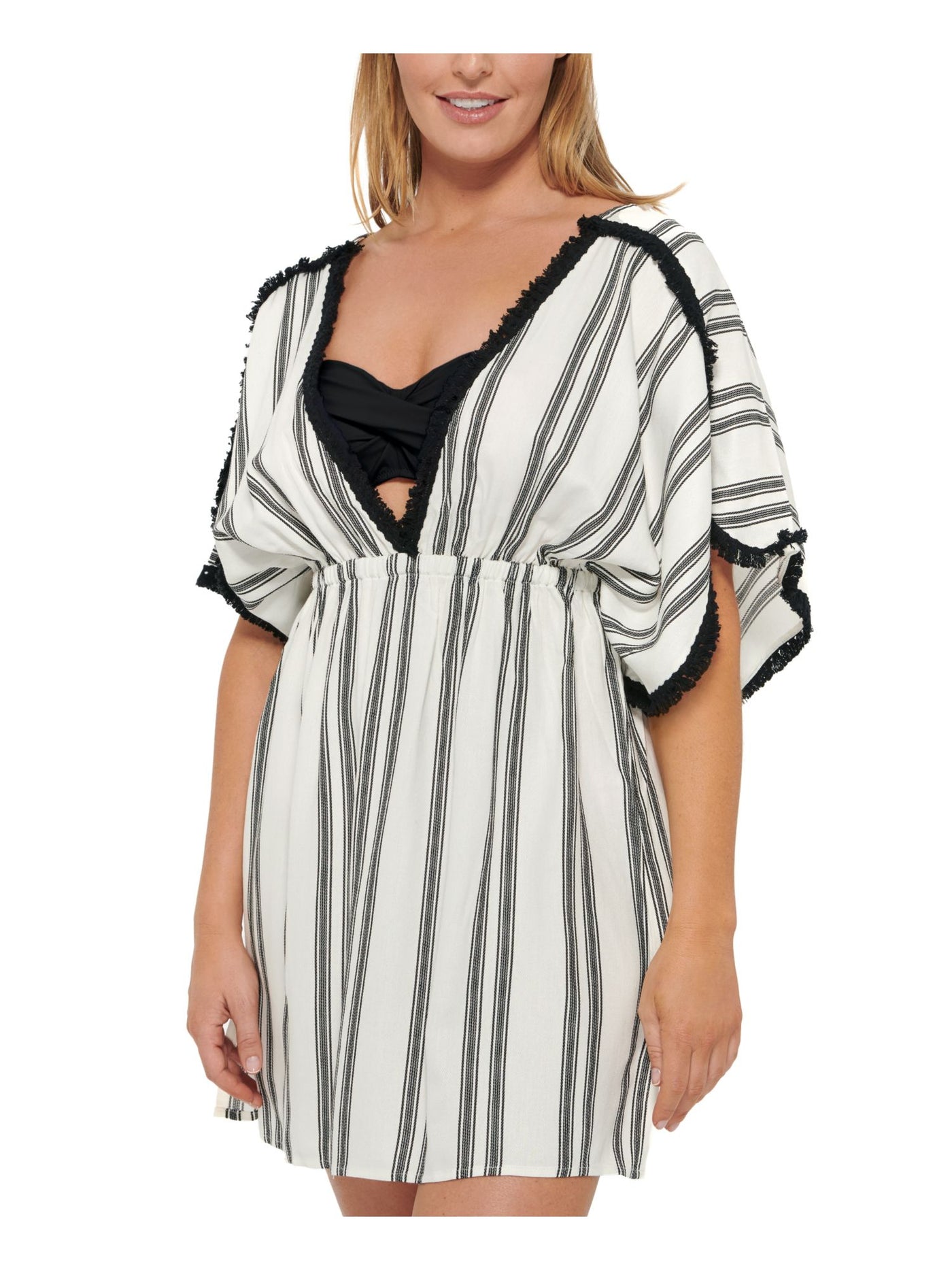 DOTTI Women's White Striped Fringed-Trim Dress Deep V Neck Tie Newport Swimsuit Cover Up L