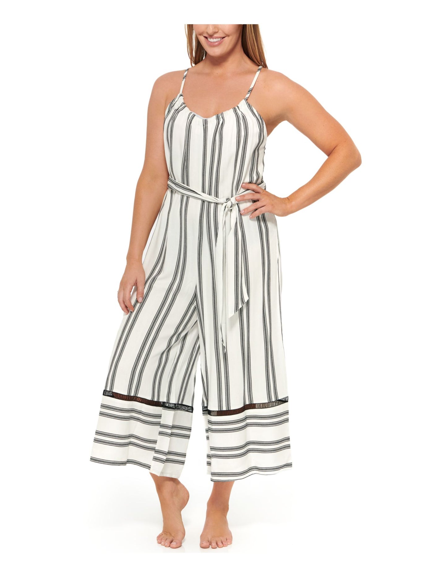 DOTTI Women's White Striped Wide Leg Jumpsuit Belted Adjustable Newport Scoop Neck Swimsuit Cover Up S