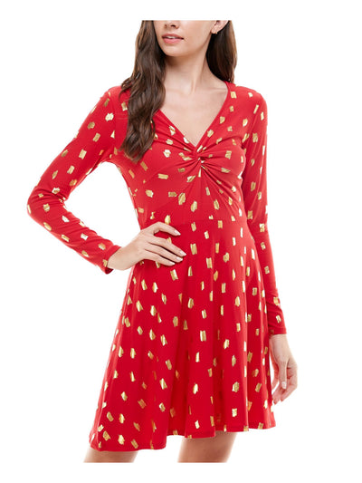 PLANET GOLD Womens Red Printed Long Sleeve V Neck Short Fit + Flare Dress XS