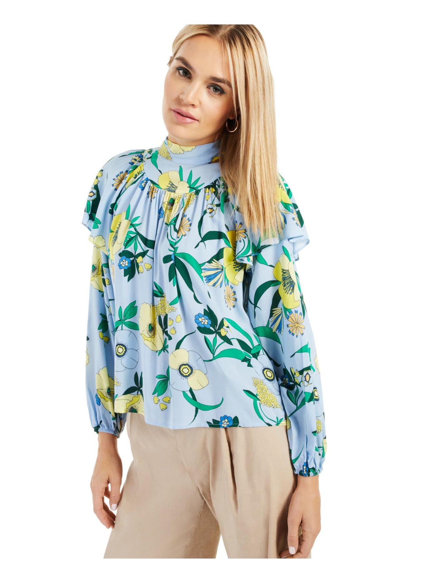 INC Womens Blue Tie Back Cut Out Ruffled Shoulders Floral Long Sleeve Mock Neck Top Petites PM