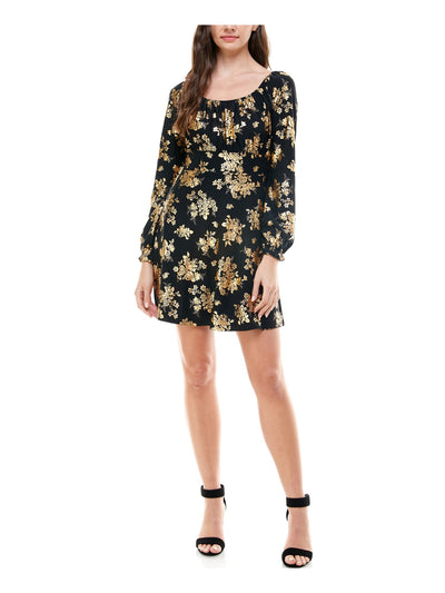 PLANET GOLD Womens Black Ruched Printed Long Sleeve Scoop Neck Mini Fit + Flare Dress Juniors XXL