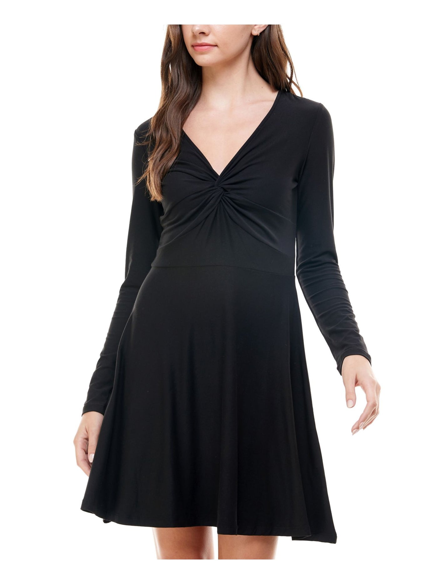 PLANET GOLD Womens Black Long Sleeve V Neck Above The Knee Fit + Flare Dress XXS