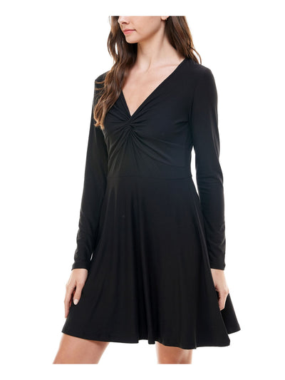 PLANET GOLD Womens Black Long Sleeve V Neck Above The Knee Fit + Flare Dress XXS