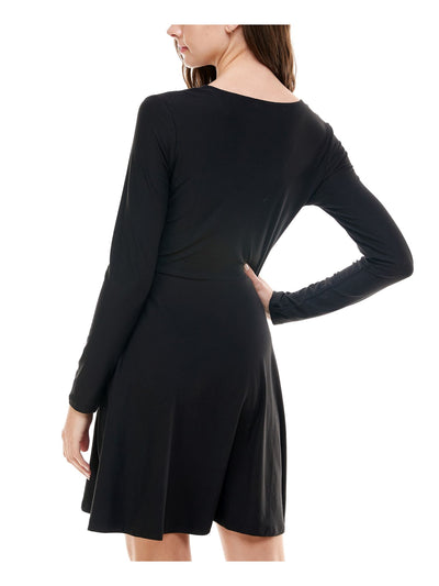 PLANET GOLD Womens Black Long Sleeve V Neck Above The Knee Fit + Flare Dress XXS