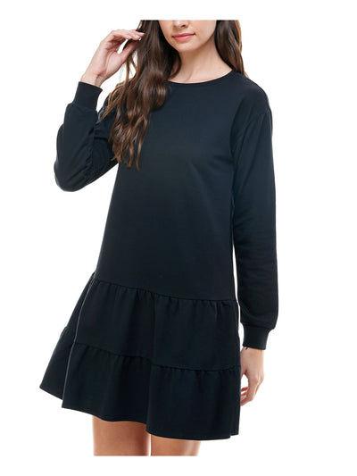 PLANET GOLD Womens Black Ruffled Long Sleeve Crew Neck Short A-Line Dress S
