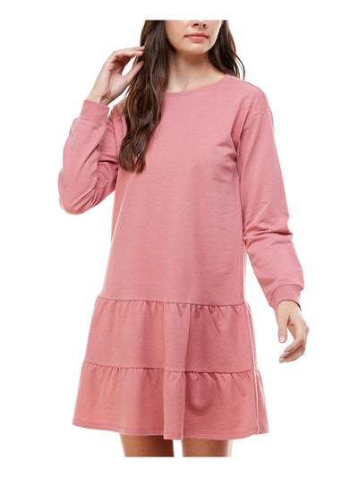 PLANET GOLD Womens Pink Ruffled Long Sleeve Crew Neck Short A-Line Dress L