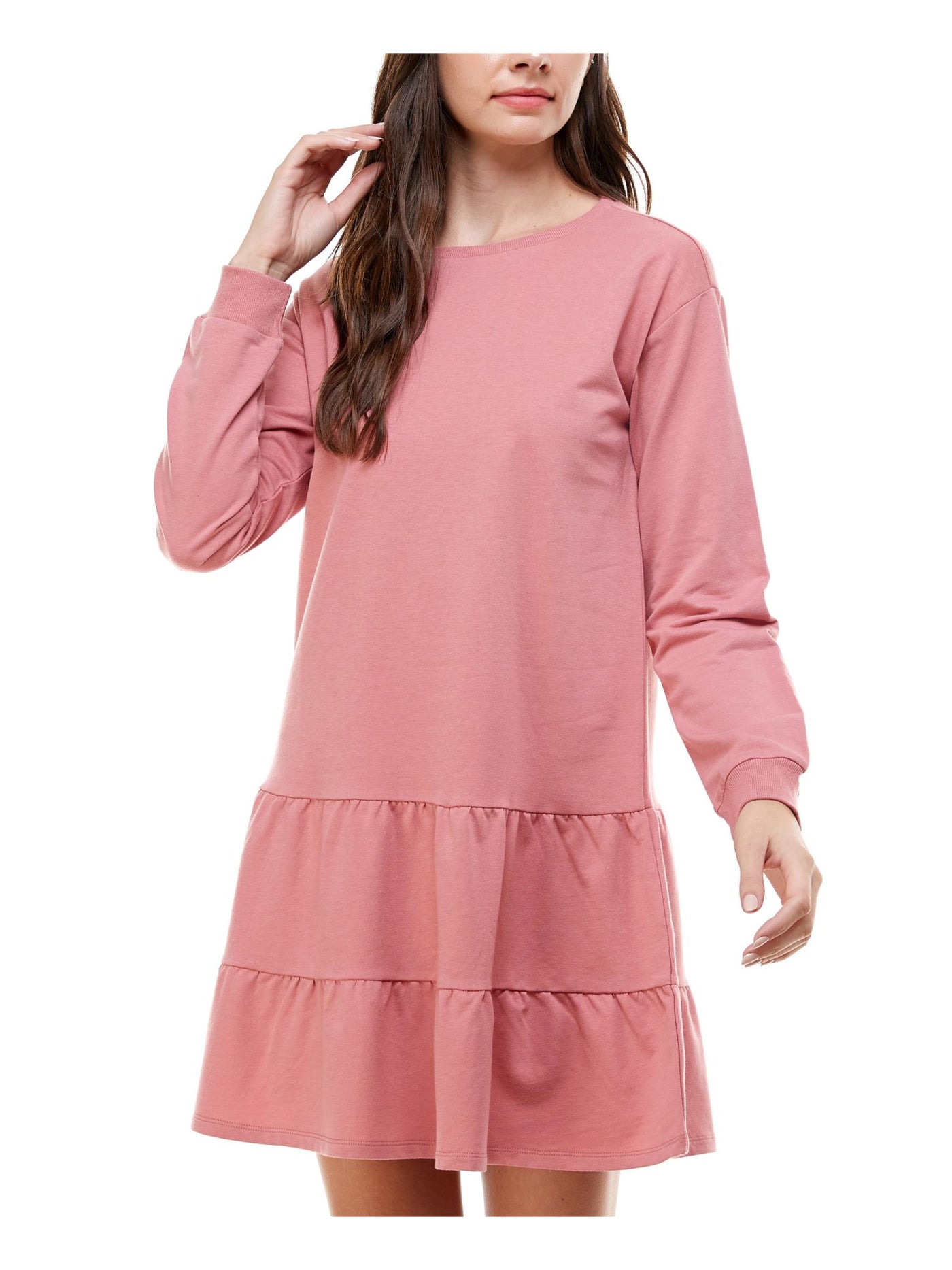 PLANET GOLD Womens Coral Ruffled Long Sleeve Crew Neck Short A-Line Dress M