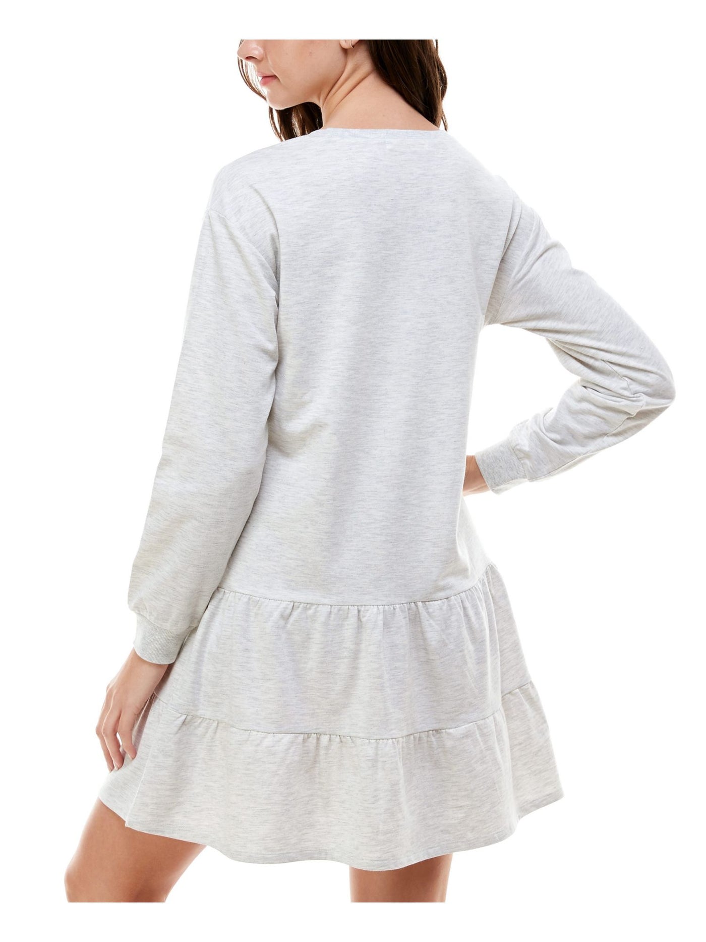 PLANET GOLD Womens Gray Ruffled Long Sleeve Crew Neck Short A-Line Dress S