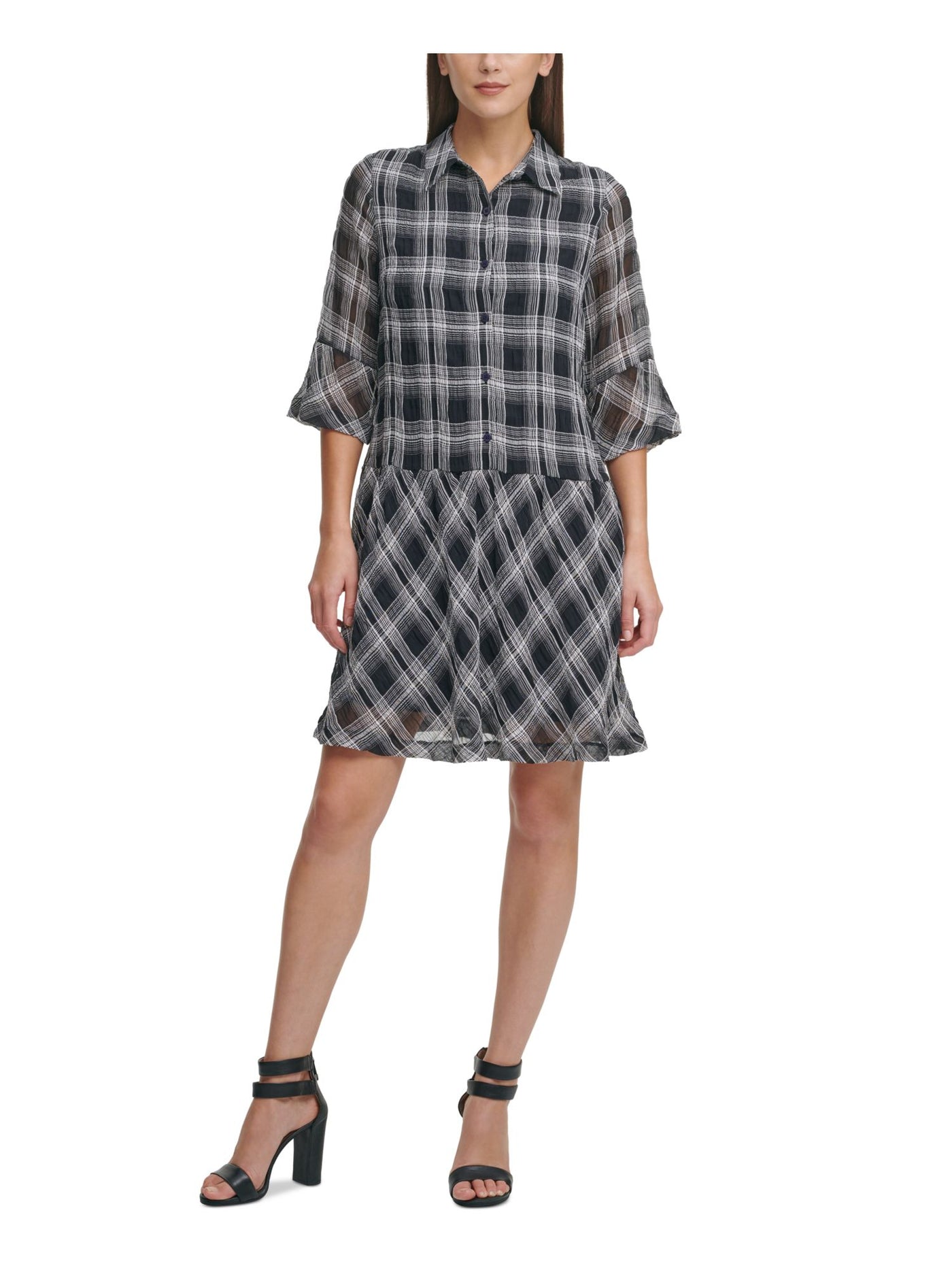 DKNY Womens Black Plaid 3/4 Sleeve Point Collar Short Party Drop Waist Dress 10