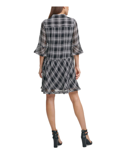 DKNY Womens Black Plaid 3/4 Sleeve Point Collar Short Party Drop Waist Dress 4