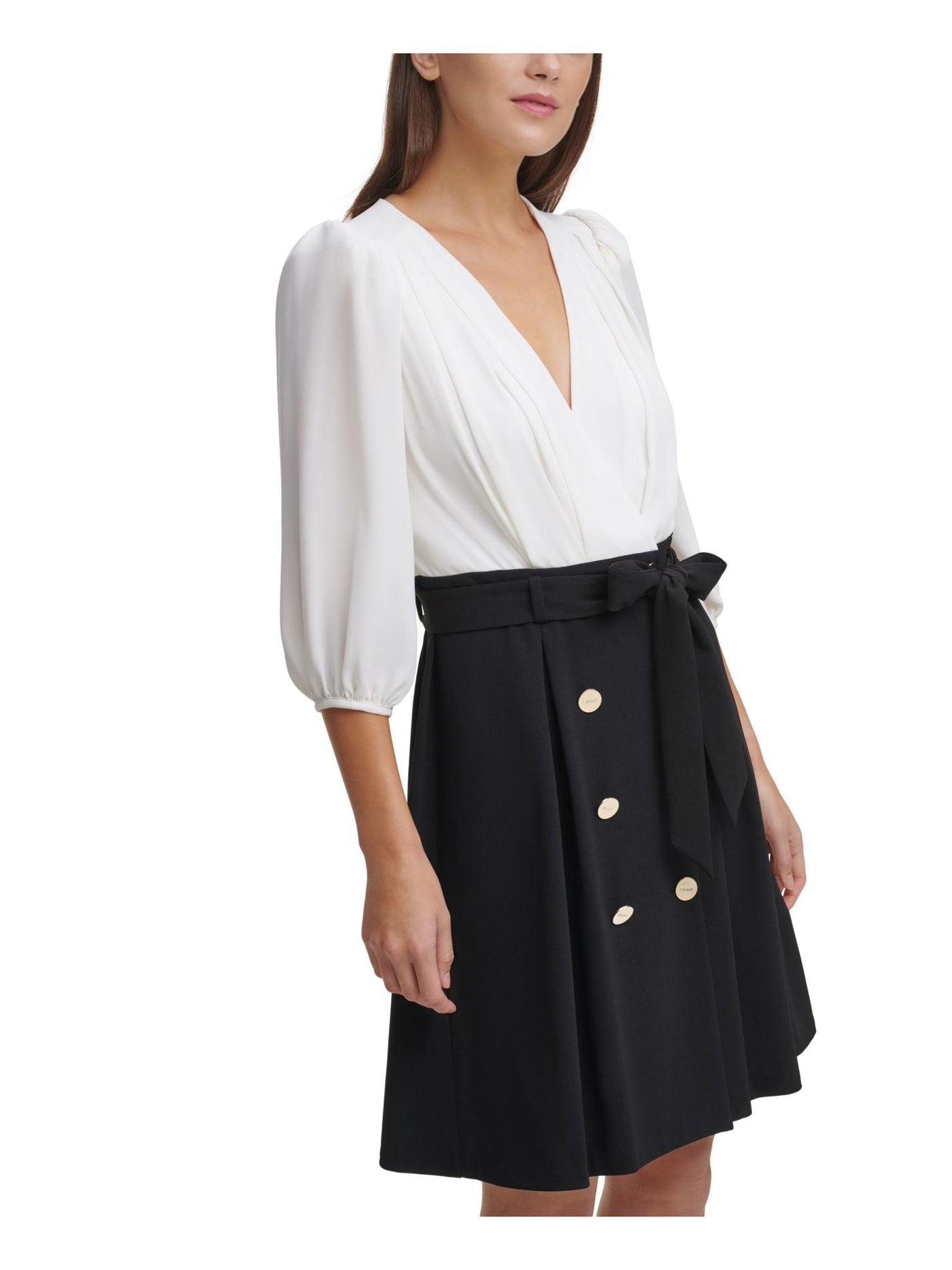 DKNY Womens Black Belted Embellished Balloon Sleeve Surplice Neckline Above The Knee Wear To Work Fit + Flare Dress 8
