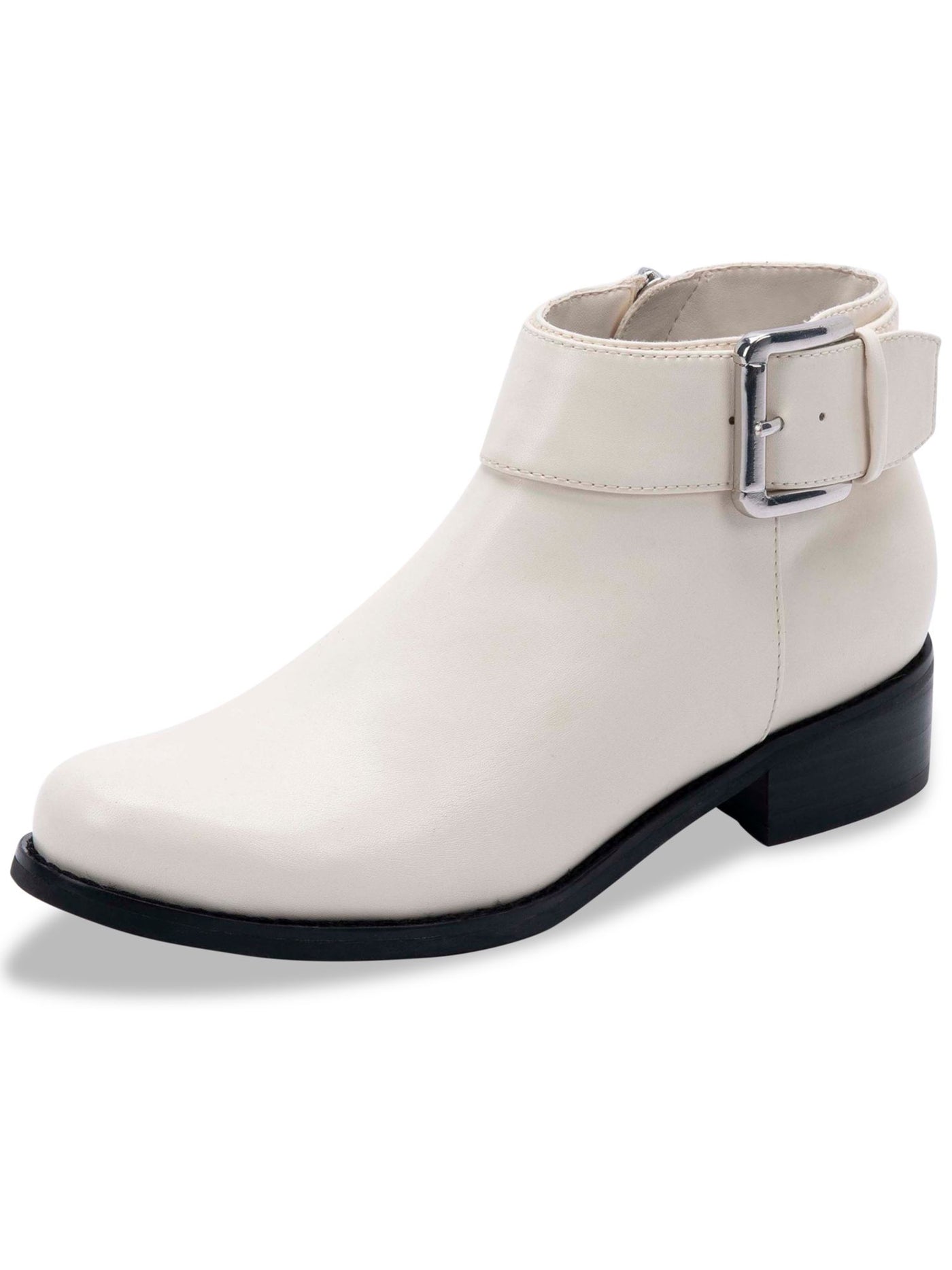 AQUA COLLEGE Womens Ivory Slip Resistant Breathable Cushioned Waterproof Buckle Accent Vera Round Toe Block Heel Zip-Up Leather Booties 7 M